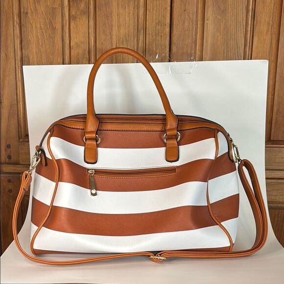 Brown and White Striped Tote with Faux Leather Trim 15” x 7” x 9” - Picture 6 of 9